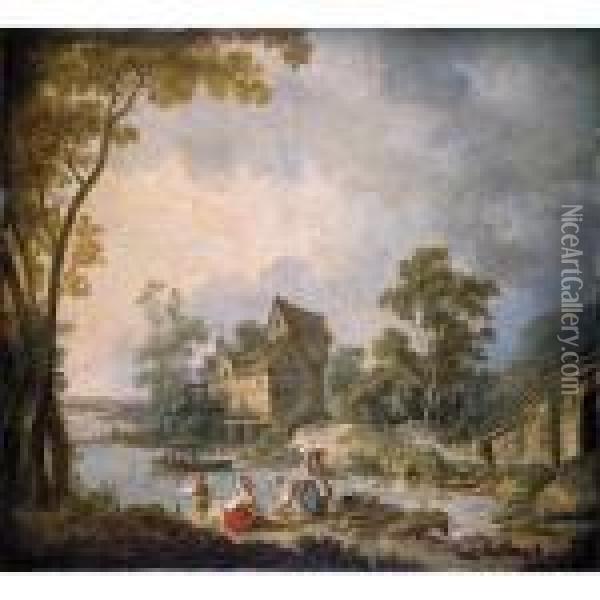 A Mill Scene With Women Washing Clothes In A River, A Boy Fishing Nearby Oil Painting - Jean-Baptiste Le Prince