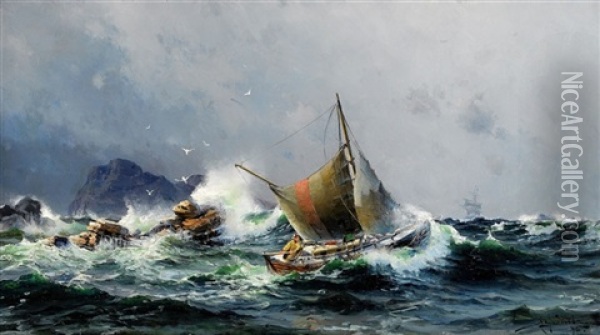 Lotsbat Pa Stormigt Hav Oil Painting - Herman Gustav af Sillen