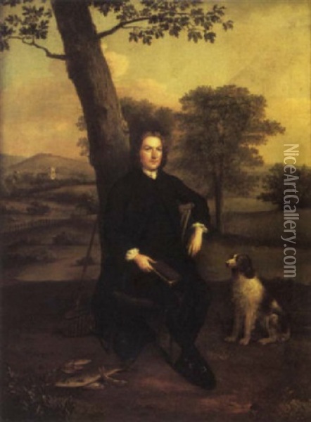 Portrait Of A Gentleman In Black Costume, Holding A Book In His Right Hand, With Fish, A Rod, A Creel And A Dog, In A Landscape Oil Painting - Edward Haytley