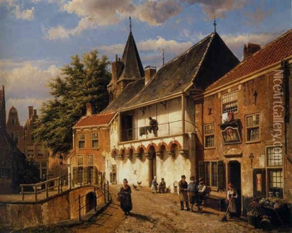 A Dutch Street With Figures By An Inn Oil Painting - Willem Koekkoek