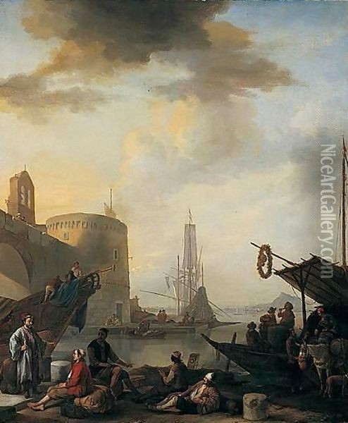 A View Of An Italian Port Oil Painting - Johannes Lingelbach
