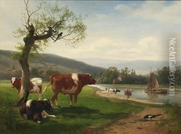 Weite Flusslandschaft Mit Kuhherde Oil Painting - Henry Lot