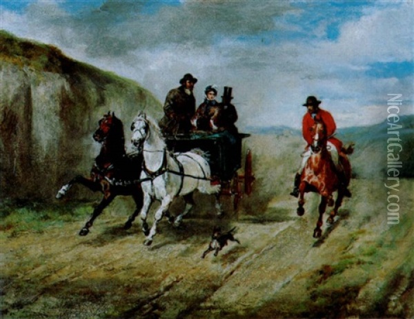Landschaft Mit Zweispanner, Reiter Und Hund Oil Painting - John Lewis Brown
