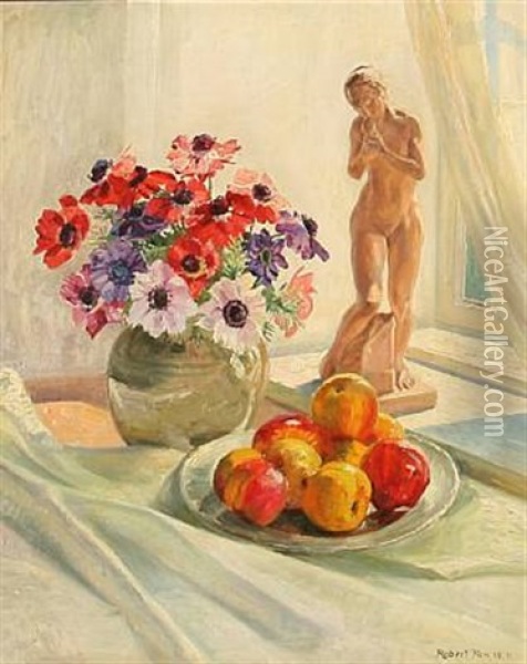 Still Life With A Bowl Of Fruit, Flowers In A Vase And A Ceramic Sculpture Oil Painting - Robert Panitzsch