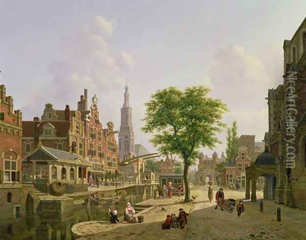 Dutch town scene with canal Oil Painting - Jan Hendrik Verheyen