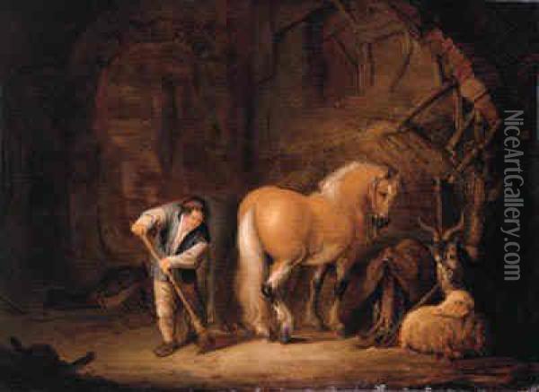 Horses, A Goat And A Sheep In A Stable With A Groom Sweeping Thefloor Oil Painting - Isaack Jansz. van Ostade