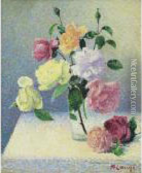 Bouquet De Roses Dans Un Verre D'eau Oil Painting - Achille Lauge