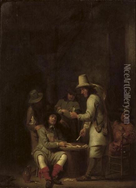 A Guardroom Interior With Soldiers Playing Cards Oil Painting - Simon Kick