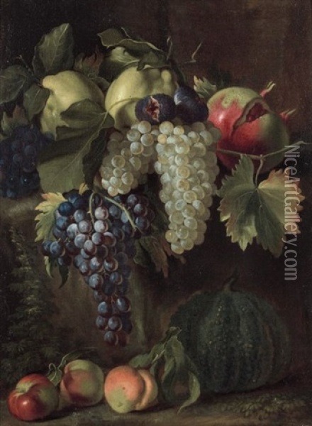 Coings, Grenade Et Grappes De Raisins Poses Sur Une Pierre Oil Painting - Giovanni Paolo Castelli (lo Spadino)