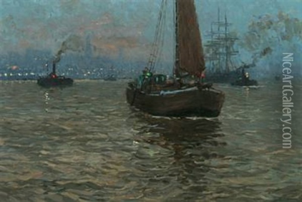 Evening View Over The Harbour In Hamburg Oil Painting - Paul Kutscha