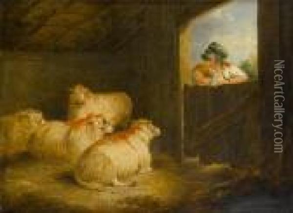 A Boy Looking Into A Pigsty; A Barn Interiorwith Two Girls Observing Sheep, A Pair Oil Painting - George Morland