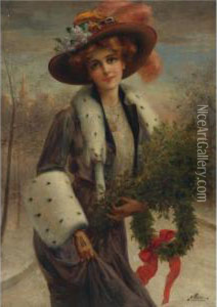 Lady With A Wreath Oil Painting - Emile Vernon