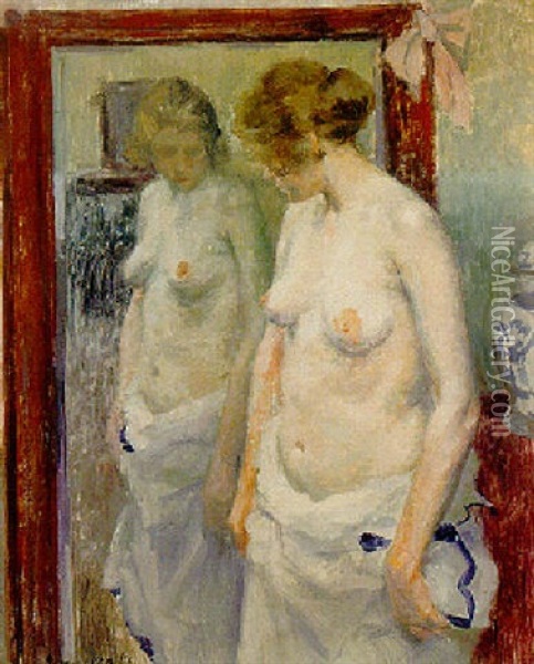 A Nude In Front Of A Mirror Oil Painting - Gaston Haustrate