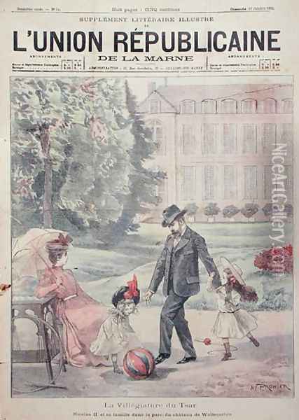 The Russian Imperial family on holiday at the Chateau de Wolfsgarten, from the front cover of LUnion Republicaine de la Marne magazine, 1899 Oil Painting - Alfred Pronier