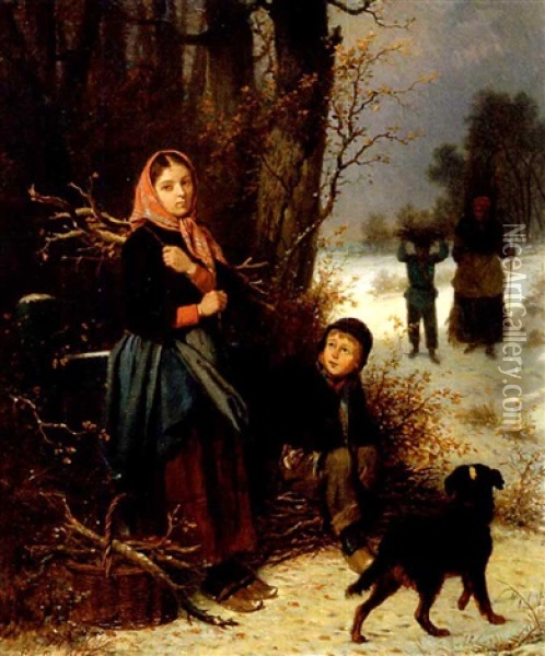 Young Wood Gatherers, Winter Oil Painting - Louis Simon Cabaillot Lassalle