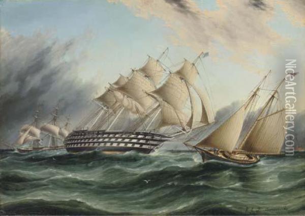 The American Ship Of The Line 
Pennsylvania With A Schooner Yachtand An American Frigate Off Sandy Hook Oil Painting - James E. Buttersworth