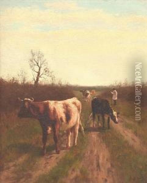 A Drover And Cattle On A Country Road Oil Painting - William Frederick Hulk