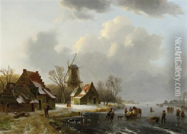 A Winter Landscape With Peasants On A Frozen Waterway, With Farmhouses And A Windmill Beyond Oil Painting - Willem De Klerk