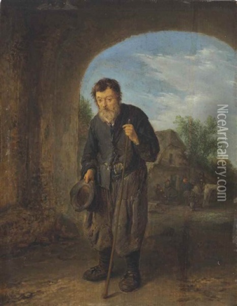 A Mendicant With A Walking Stick Under An Archway, Travellers By An Inn Beyond Oil Painting - Adriaen Jansz van Ostade