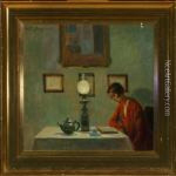 Interior With Woman Reading By The Soft Glow From The Oil Lamp Oil Painting - Poul Friis Nybo