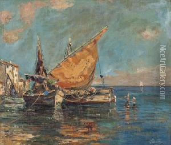Mediterrane Hafenansicht Mit Segelbooten Oil Painting - Curt Sauer