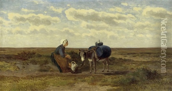 Frau Mit Esel Bei Der Rast Am Feld (ein Madchen Aus Dem Goiland Mit Ihrem Esel) Oil Painting - Gerrit Alexander Godart Mollinger