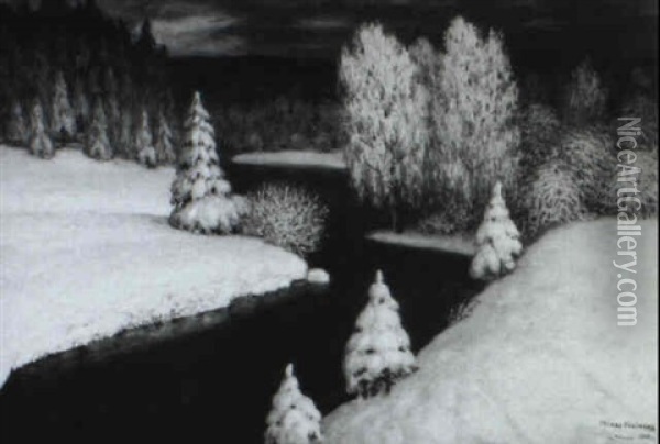 Winterlandschaft Mit Bach Oil Painting - Petras Kalpokas