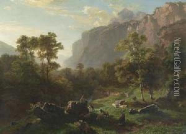 Young Herdsman With Goats And Sheep. Oil Painting - Johann Gottfried Steffan