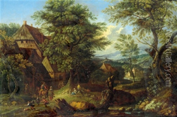 Bewaldete Landschaft Mit Einem Gutshof Und Figuren Oil Painting - Franz Christoph Janneck