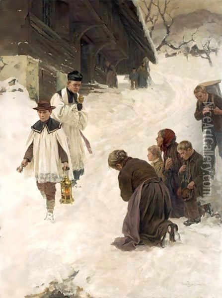 Blessing In The Village Oil Painting - Hans Bachmann