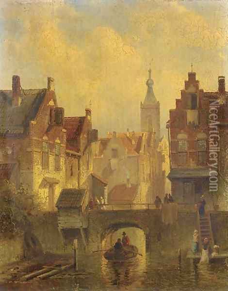 Washerwomen doing their laundry in a town Oil Painting - Charles Henri Leickert