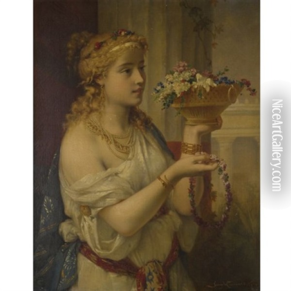 Young Girl With Flowers Oil Painting - Pierre Olivier Joseph Coomans