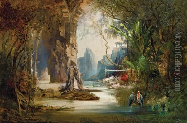 Tropische Phantasielandschaft Mit Marabus Oil Painting - Hermann Burghart