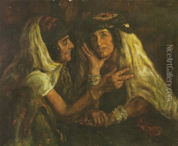 Two Arab Women In An Interior Oil Painting - Alphonse Etienne Dinet