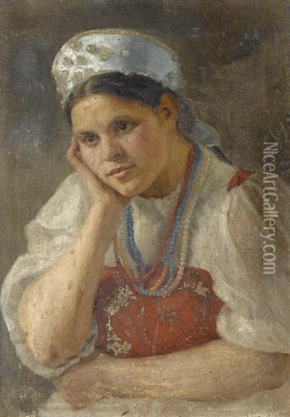 Portrait Of A Young Girl In Kokoshnik And Traditional Costume Oil Painting - Mary Schreyer