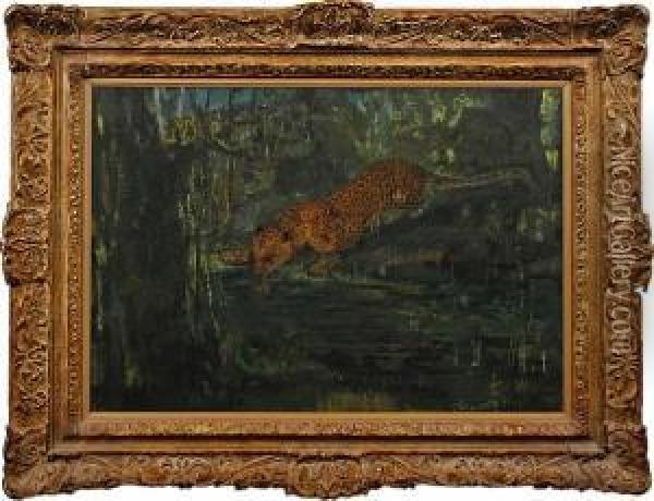 Leopard Drinking At A Pool Oil Painting - John Macallan Swan