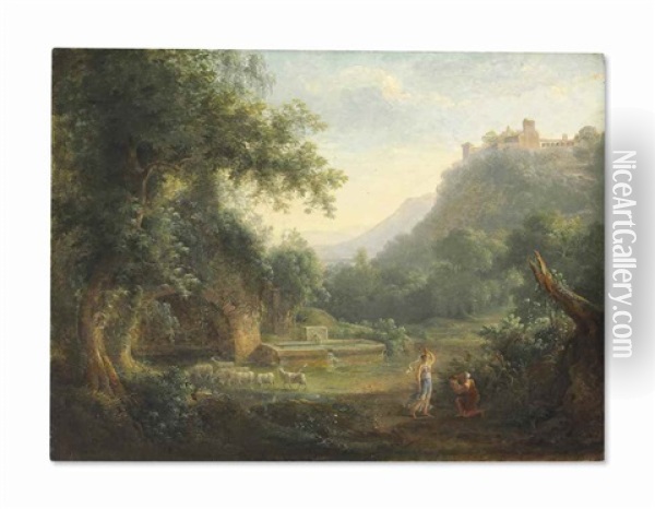 An Arcadian Landscape With Classical Figures And Sheep By A Pond, A Castle On A Hilltop Beyond Oil Painting - Pierre Athanase Chauvin