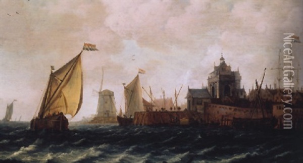 Schiffe Vor Der Kuste Von Dordrecht Oil Painting - Wouter Knijff