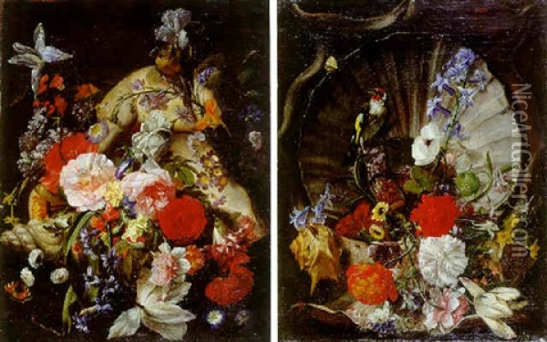Grosse Jacobsmuschel Mit Blumen Und Fink Oil Painting - Johann Rudolf Byss