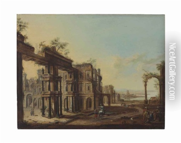 An Architectural Capriccio Of Ruins By The Sea With Figures And An Artist Sketching In The Foreground Oil Painting - Christian Stoecklin