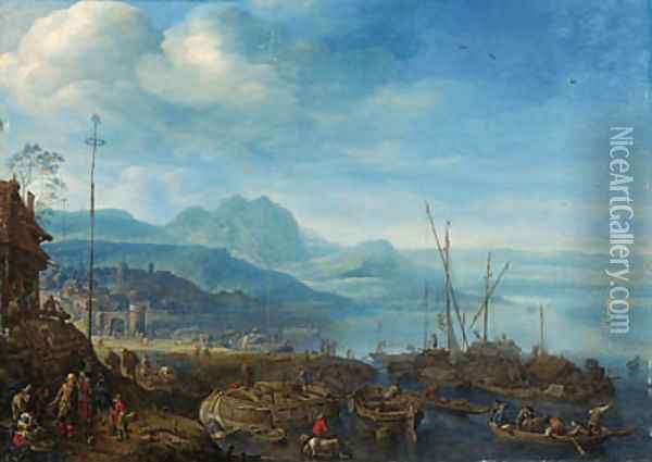 A view of Linz am Rhein, with barges unloading at a quay, an inn nearby Oil Painting - Herman Saftleven