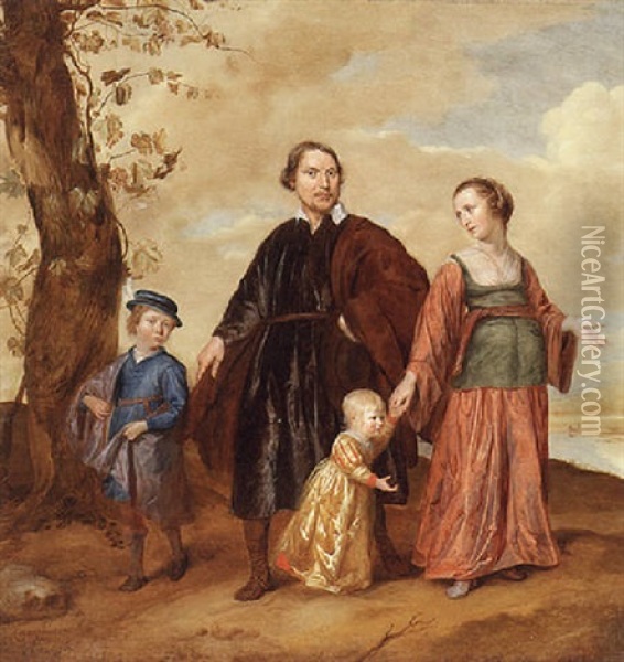 Portrait Of Wilhelmus Suerendonck With His Wife Susanna Brossaert And Their Sons Andreas And Petrus In A Landscape Oil Painting - Jan Mytens