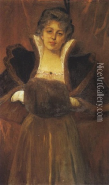 Portrait De Marguerite Hignette Au Manchon En 1900 Oil Painting - Jean Joseph Benjamin Constant