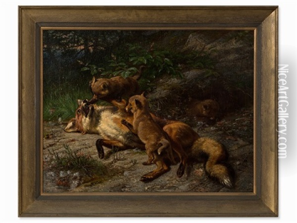 Playing Foxes Oil Painting - Johann-Baptist Zwecker