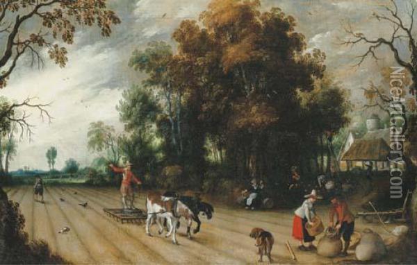 Peasants Working The Fields During The Harvest Oil Painting - Sebastien Vrancx