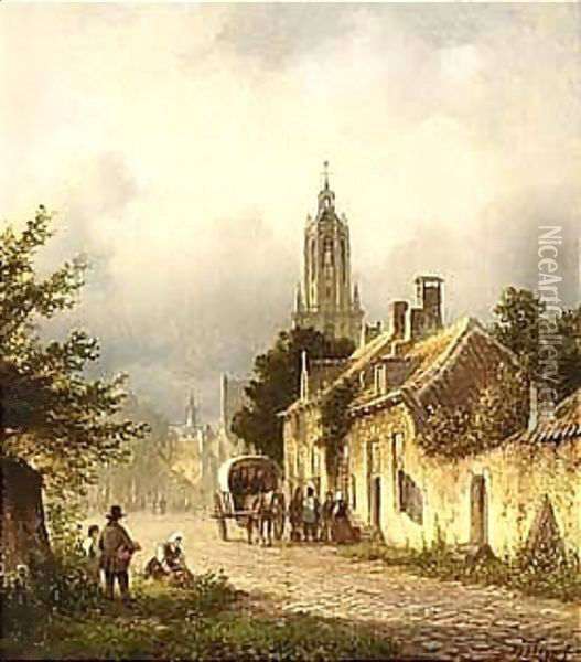 Travellers In The Streets Of A Dutch Town Oil Painting - Lodewijk Johannes Kleijn