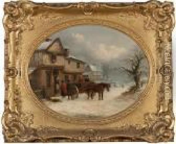 Winter - Horse And Cart Before Cottages In A Snow Covered Landscape Oil Painting - Thomas Smythe