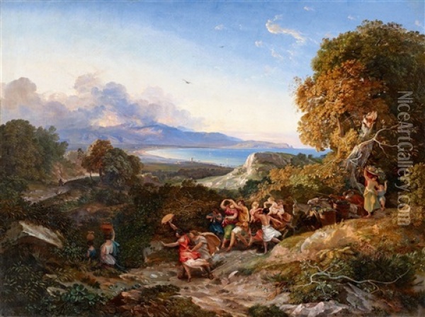 A Wine-grower's Parade On Monte Circello Oil Painting - Friedrich Nerly