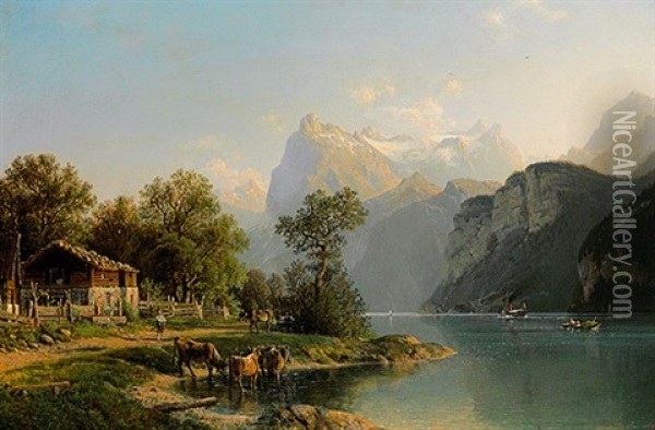 Blick Auf Den Vierwaldstatter See An Einem Prachtvollen Sommertag Oil Painting - Johannes Bartholomaeus Duntze
