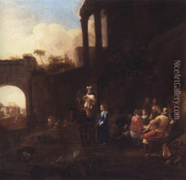Riders And Elegant Women Drinking Outside An Inn, Some Classical Ruins In The Distance Oil Painting - Jan Miel